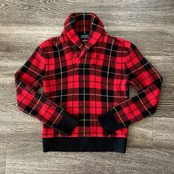 Polo Ralph Lauren Plaid 100% Lambswool Sweater Red Black Small Tartan Pullover - Picture 1 of 12